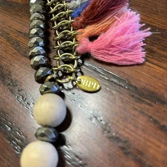 BETSY PITTARD WOODEN BEADS AND MULTI COLOR TASSEL NECKLACE 24” - Picture 2 of 4